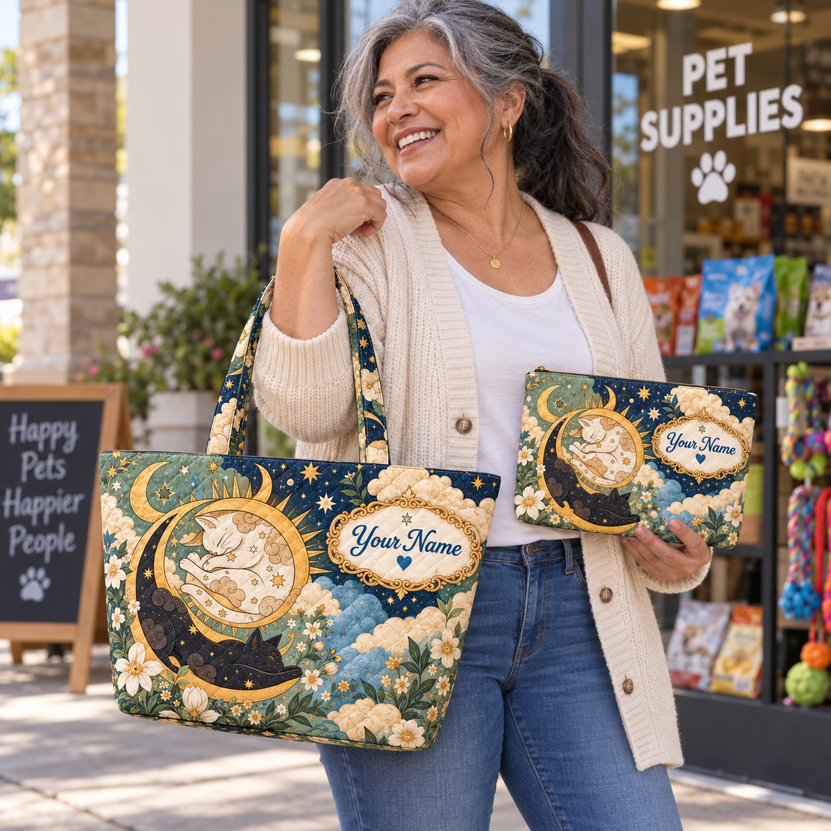 Personalized Celestial Cats Quilted Shoulder Bag & Storage Bag