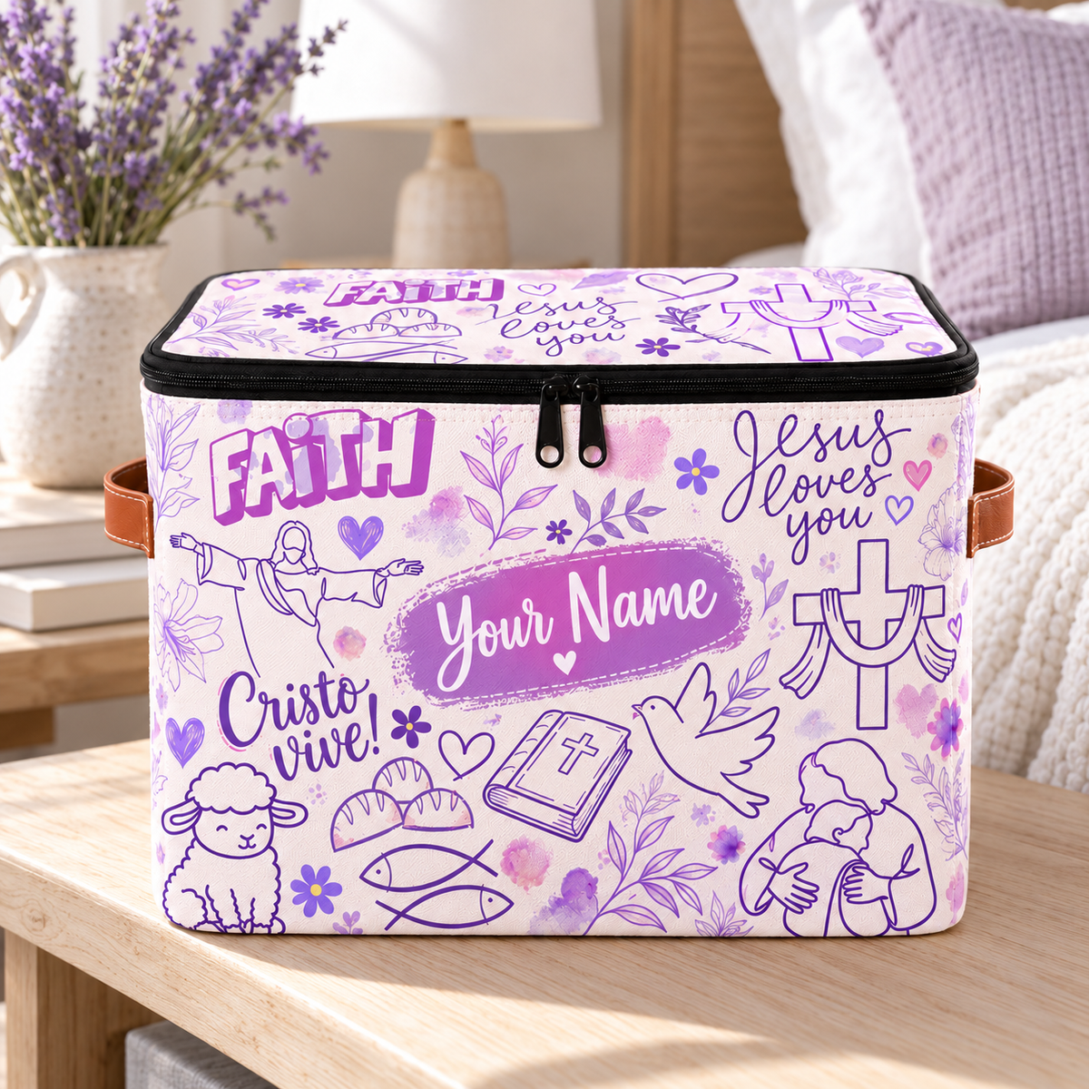 Personalized Lavender Doodle Square Storage Basket With Lid