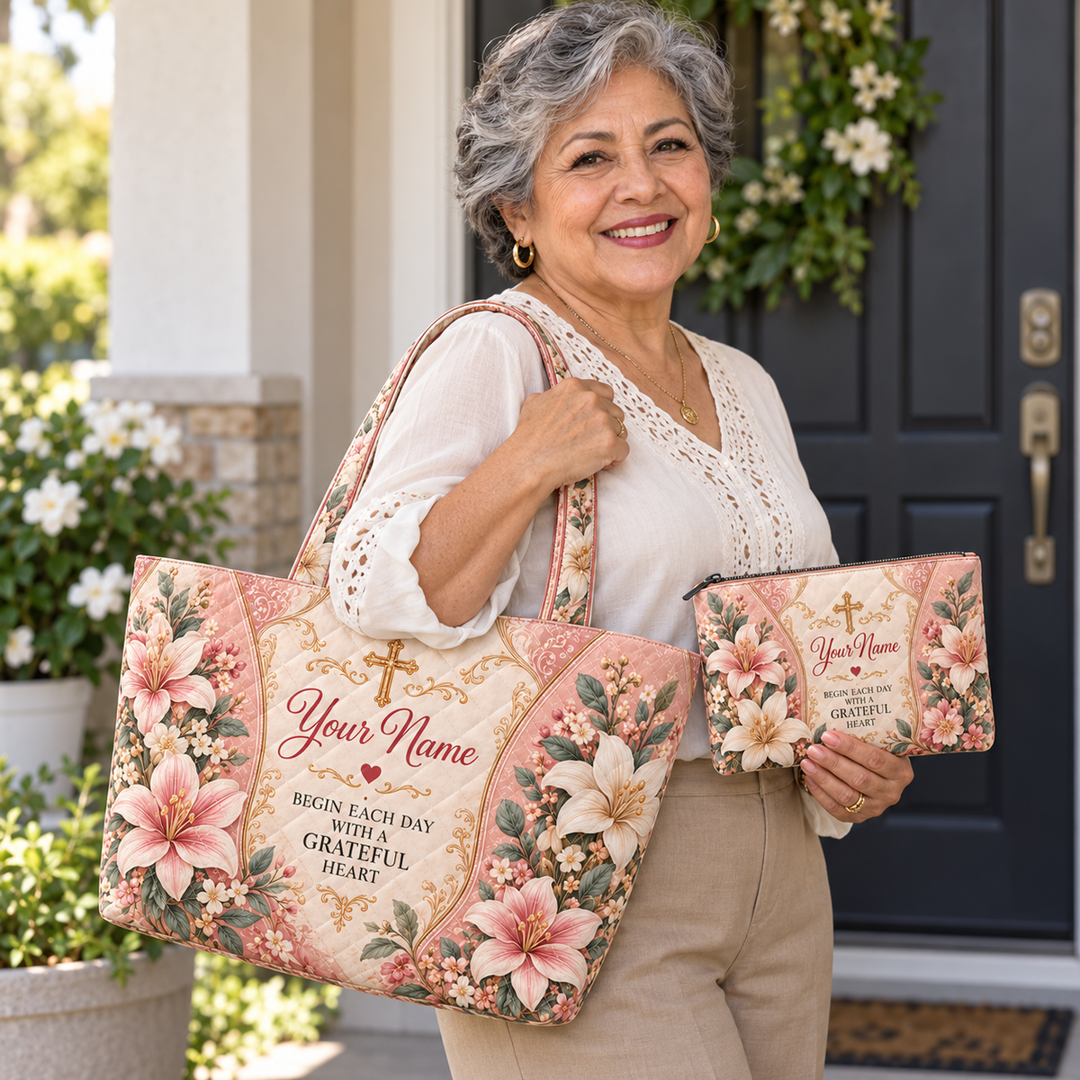 Personalized Pink Lily Quilted Shoulder Bag & Storage Bag
