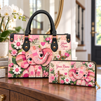 Personalized Pink Elephant PU Leather Handbag & Leather Long Wallet