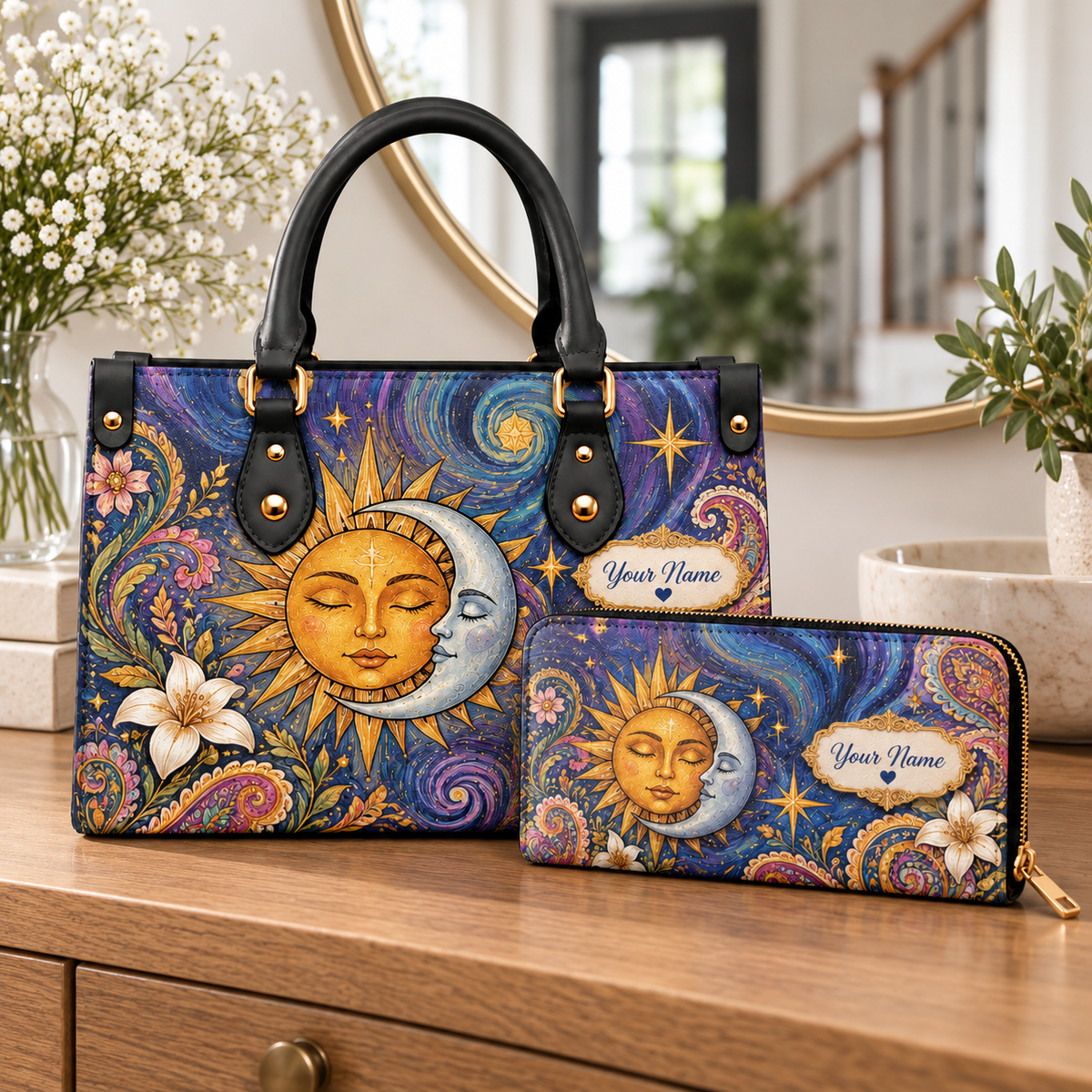 Personalized Sun and Moon PU Leather Handbag & Leather Long Wallet