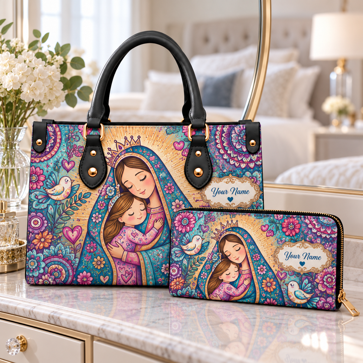 Personalized Mother and Daughter PU Leather Handbag & Leather Long Wallet
