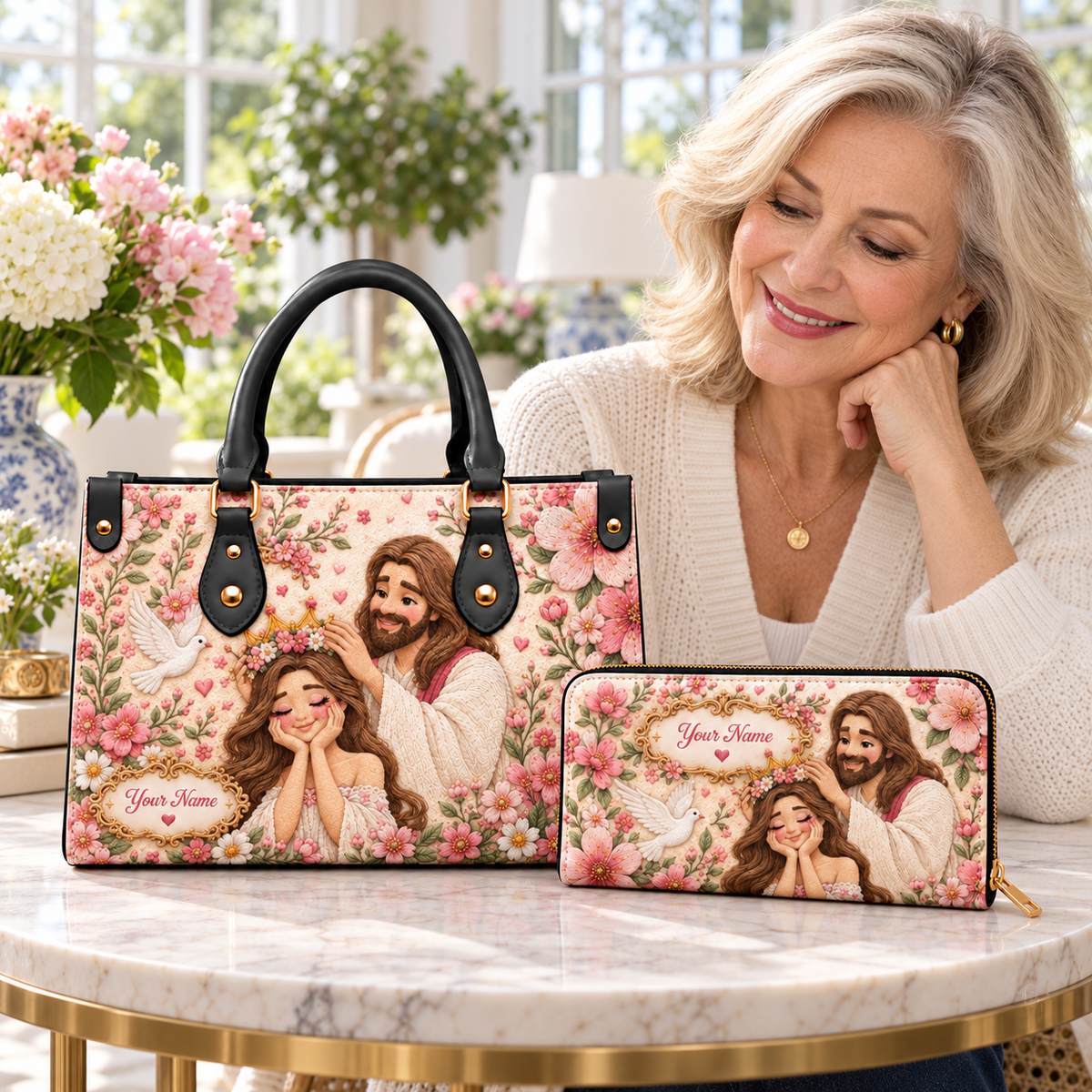 Personalized Floral Crown PU Leather Handbag & Leather Long Wallet