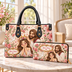 Personalized Floral Crown PU Leather Handbag & Leather Long Wallet