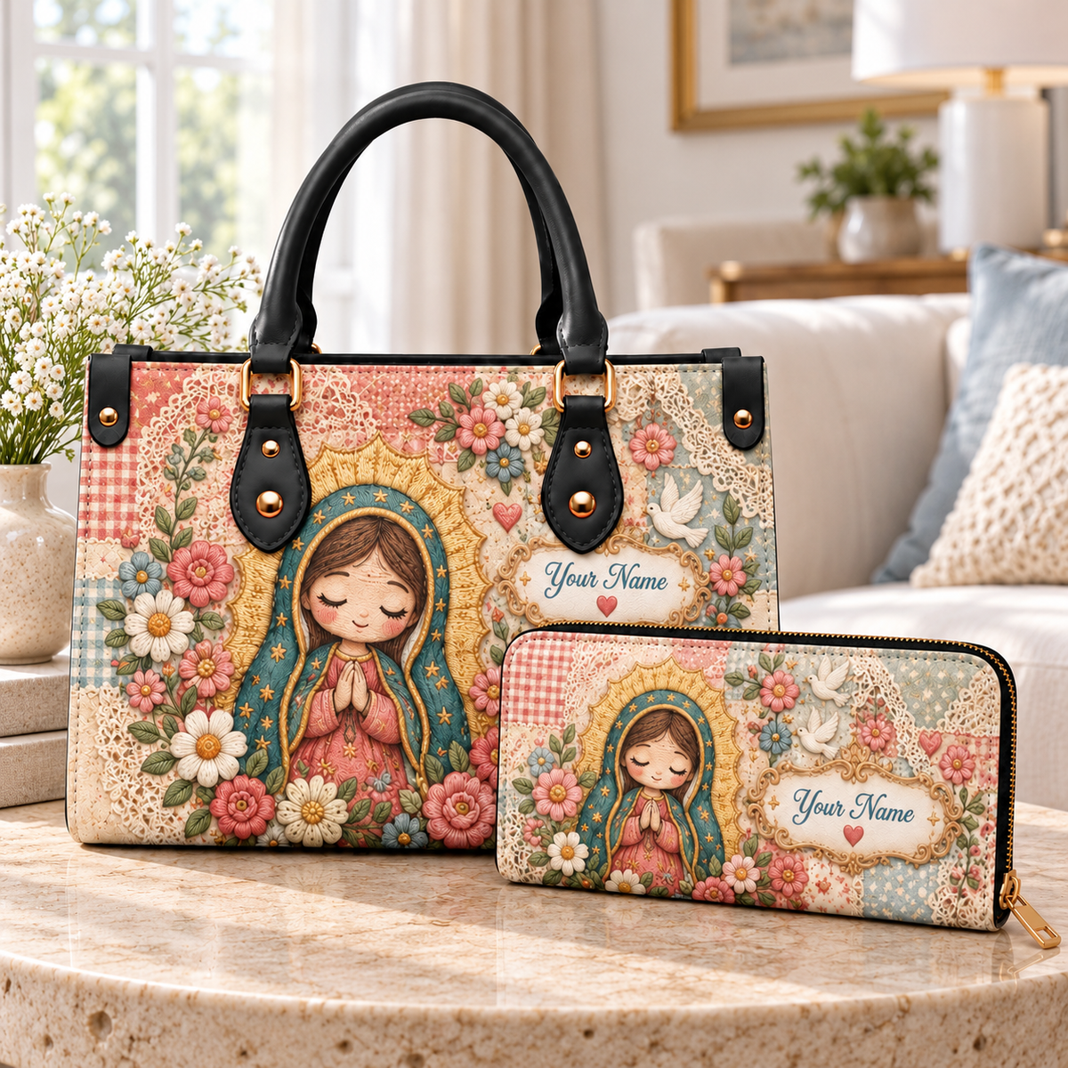 Personalized Floral Girl PU Leather Handbag & Leather Long Wallet