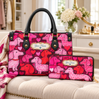 Personalized Dachshund Hearts PU Leather Handbag & Leather Long Wallet