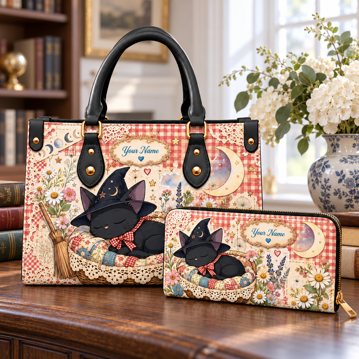 Personalized Sleeping Witch Cat PU Leather Handbag & Leather Long Wallet