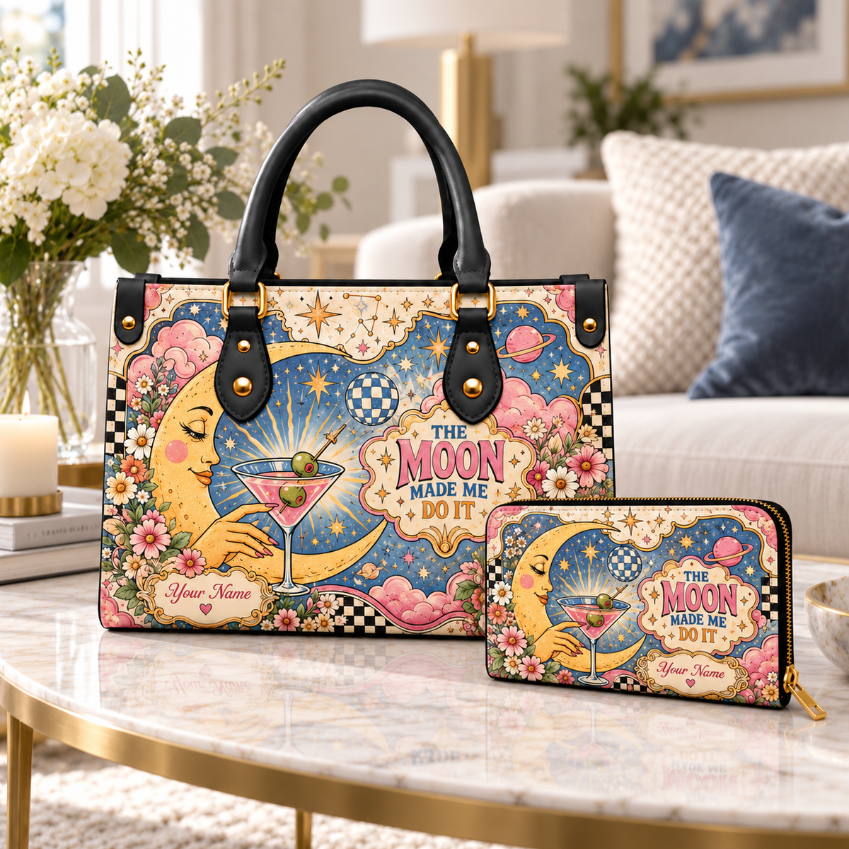 Personalized The Moon Made Me Do It PU Leather Handbag & Leather Long Wallet
