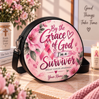 Grace Survivor Pink Ribbon Personalized Leather Round Bag