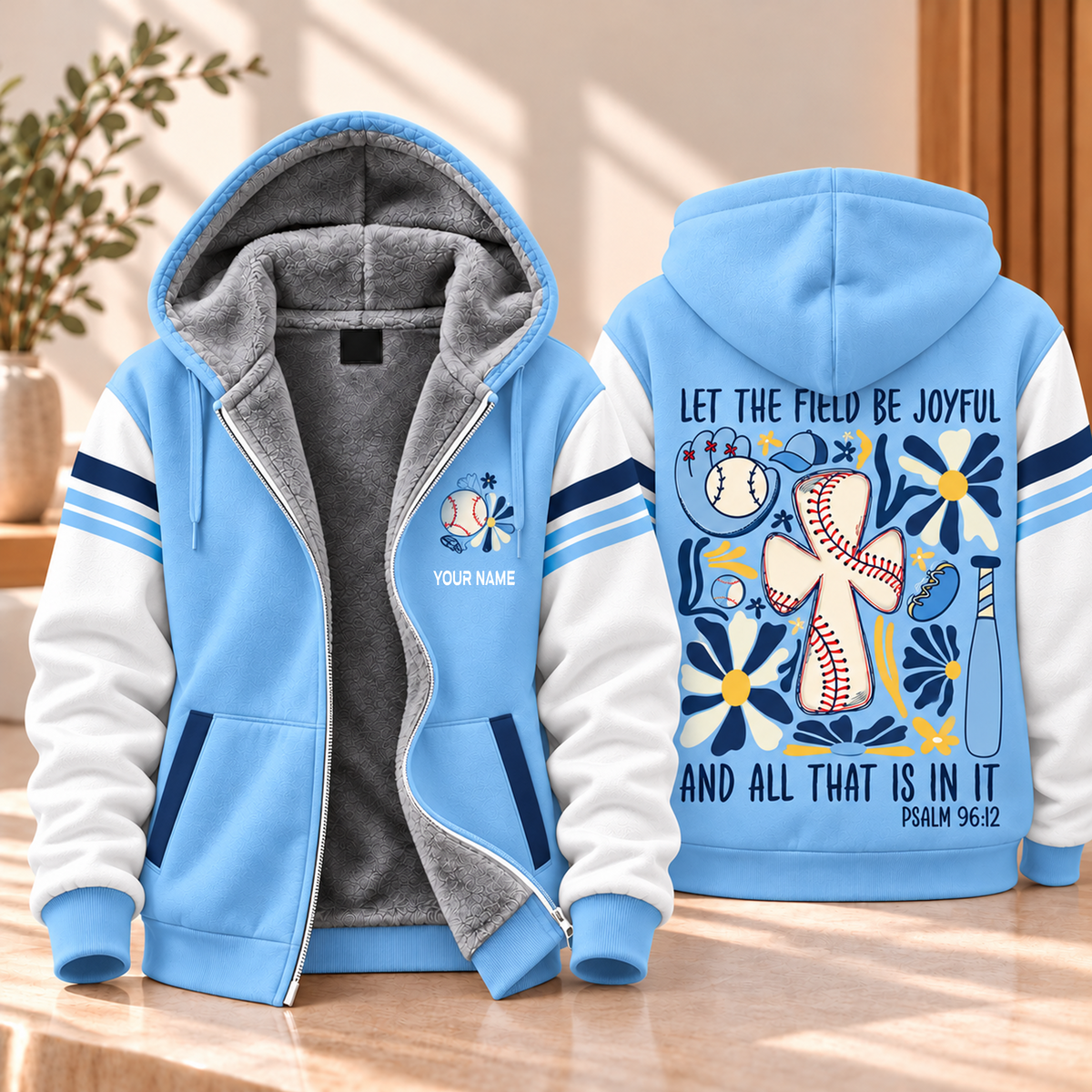 Sky Blue Baseball Floral Personalized Fleece Jacket