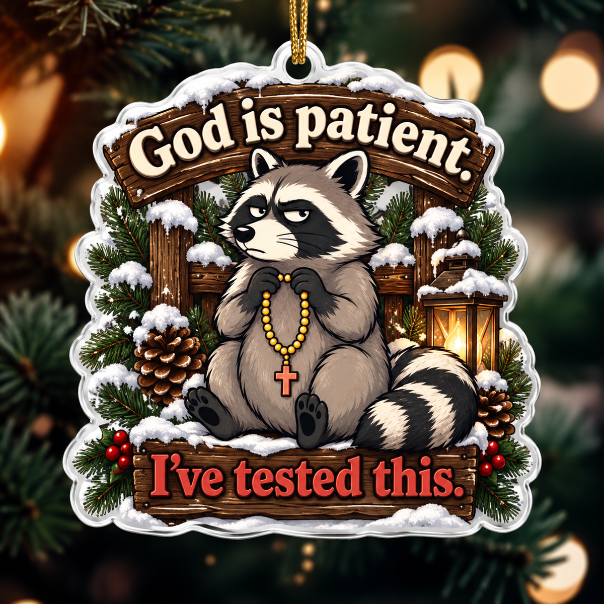 God Is Patient I've Tested This Grumpy Raccoon Rosary Ornament