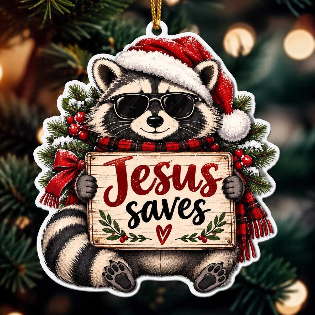 Jesus Saves Cool Raccoon Santa Hat Ornament