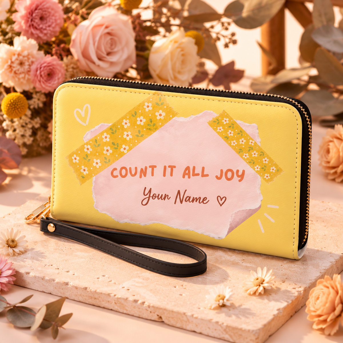 Yellow Floral Scrapbook Personalized PU Leather Long Wallet