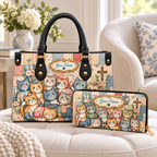 Personalized Patchwork Cats PU Leather Handbag & Leather Long Wallet