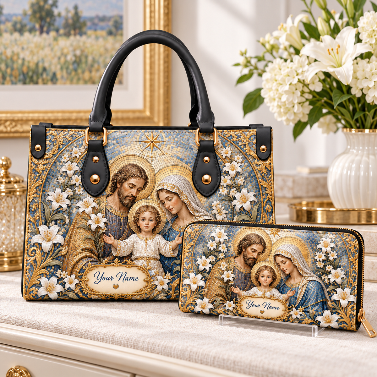 Personalized Mosaic Family and Lilies PU Leather Handbag & Leather Long Wallet
