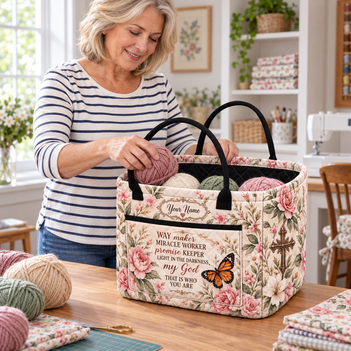 Personalized Pink Rose Butterfly Quilted Storage Basket