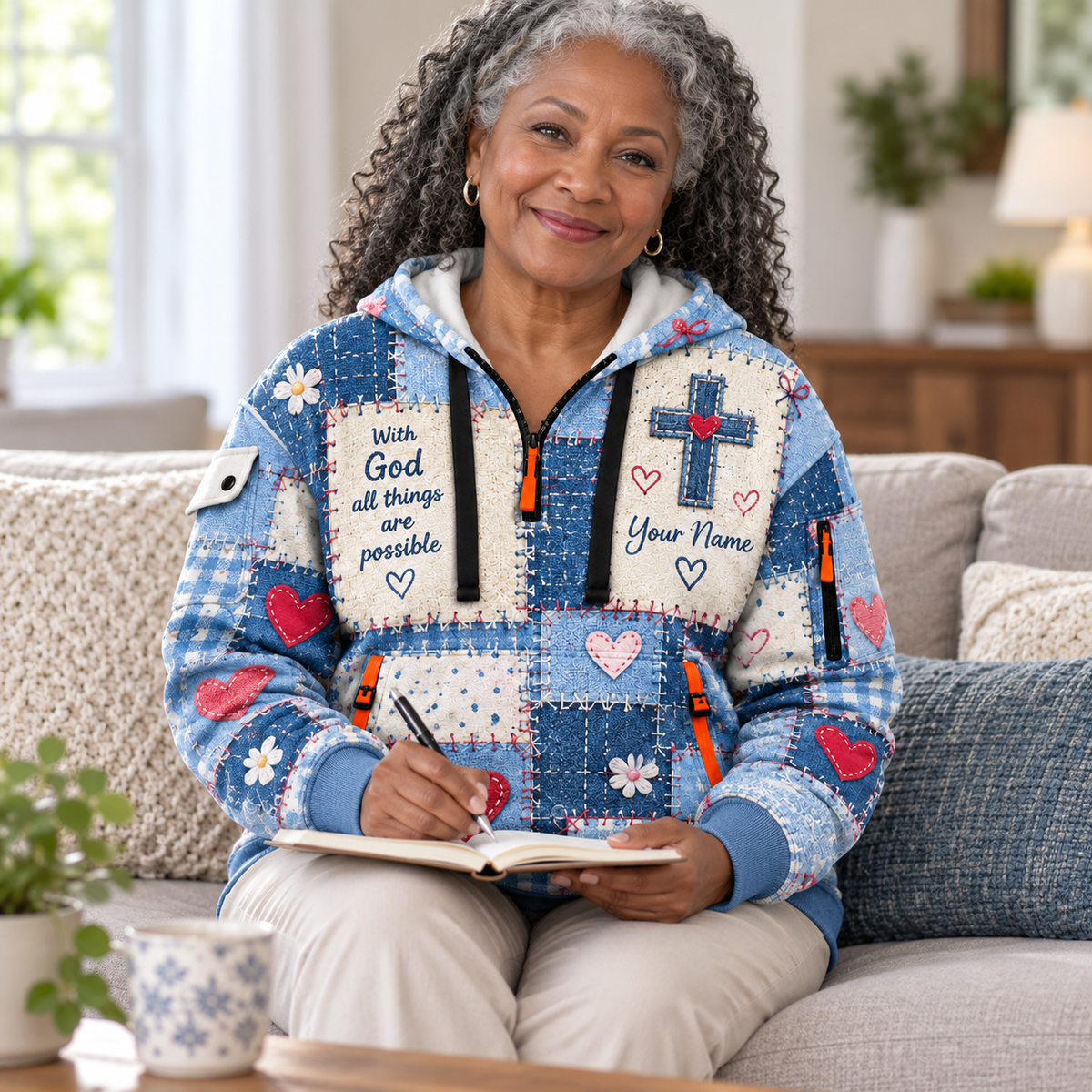 Personalized Blue Heart Patchwork Half-Zip Hoodie