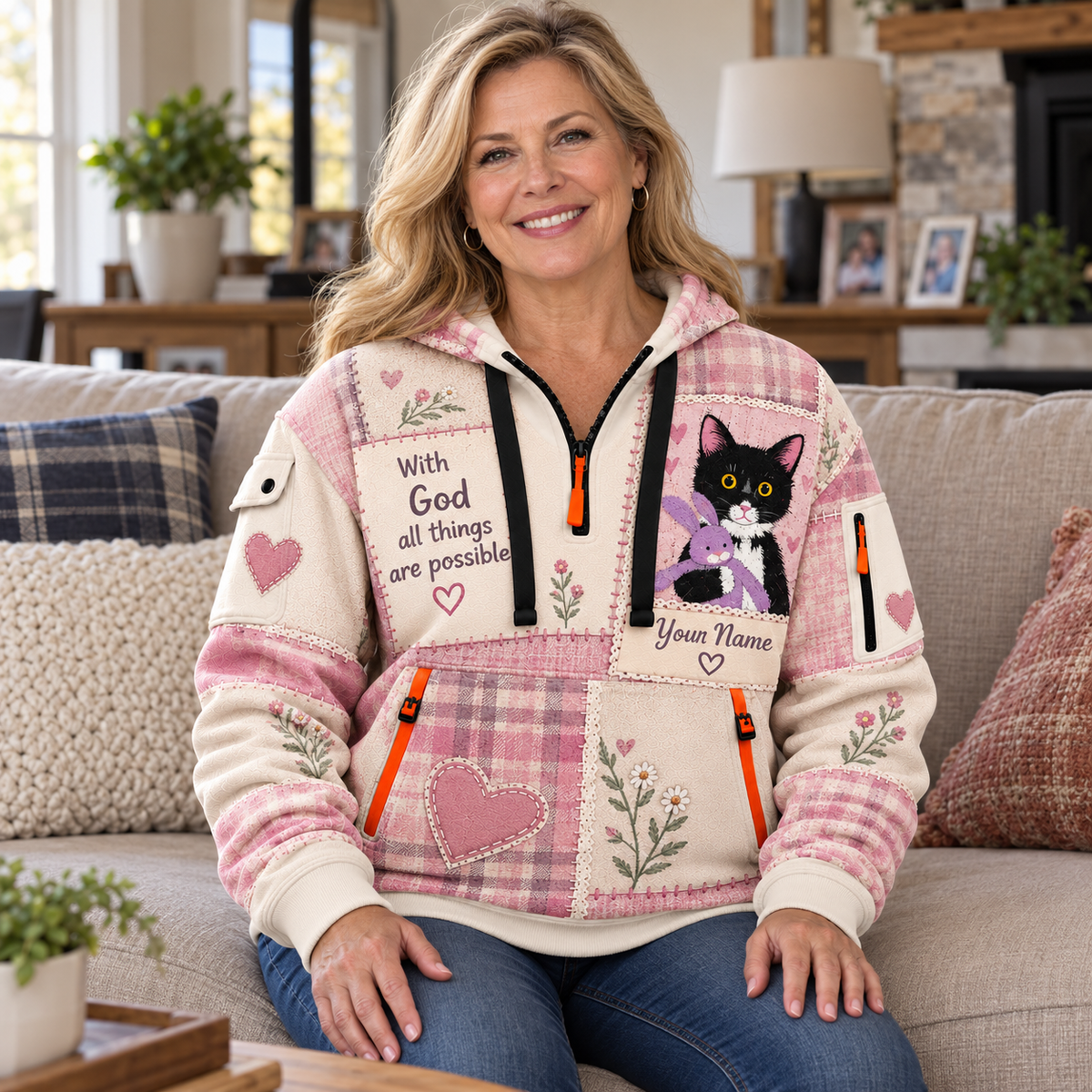 Personalized Cat and Bunny Half-Zip Hoodie