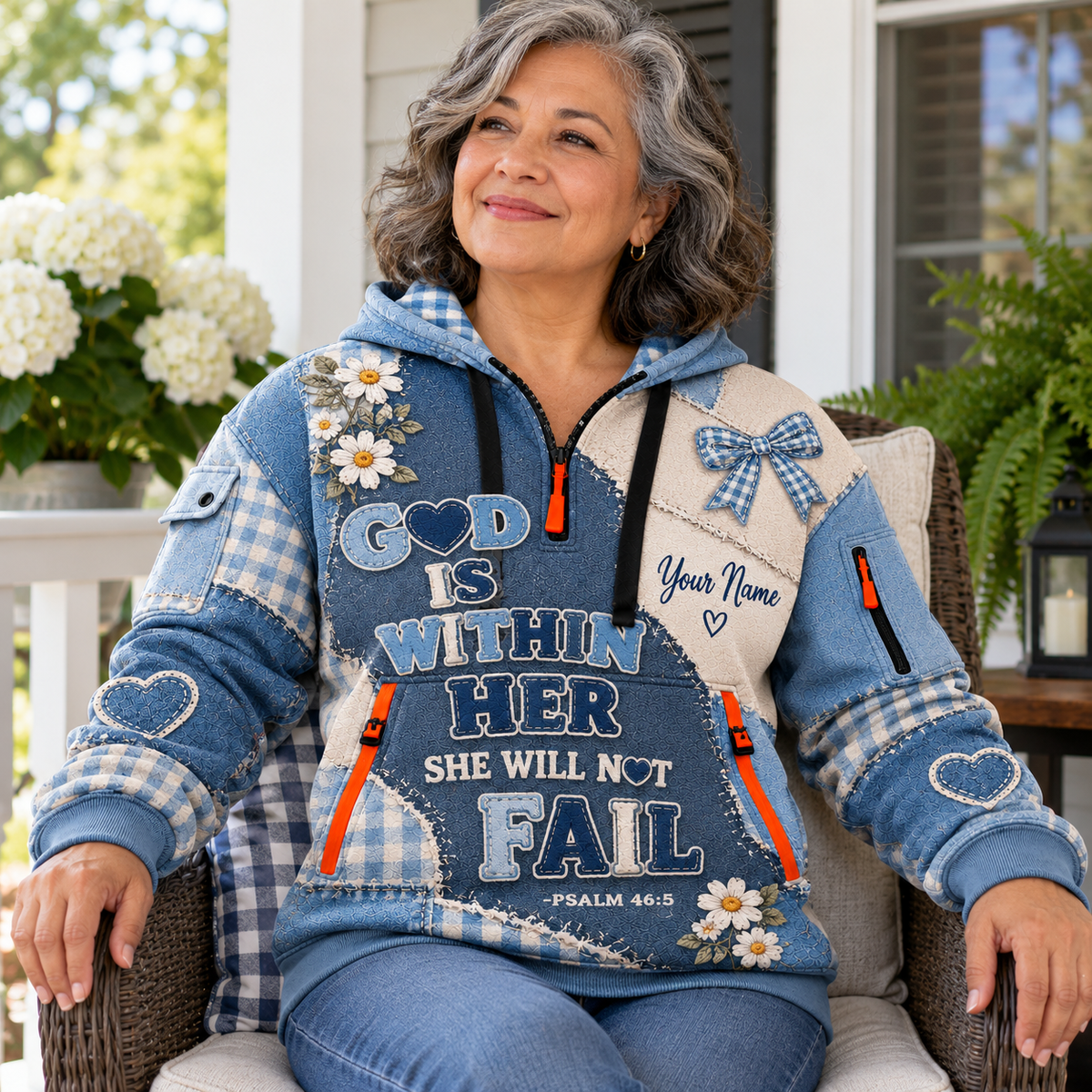 Personalized Blue Daisy Bow Half-Zip Hoodie