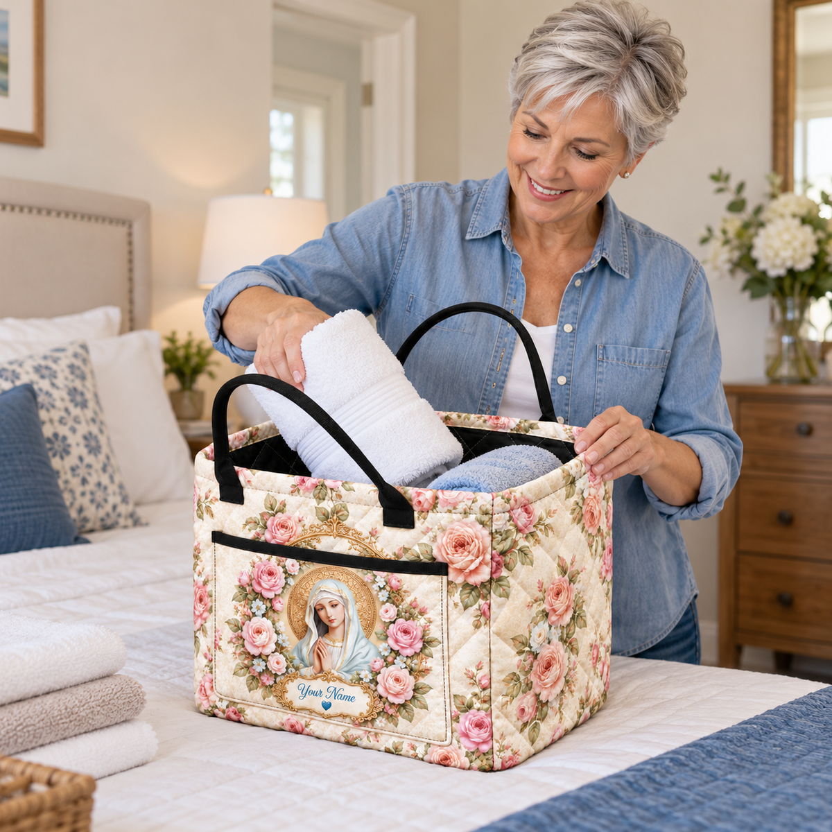 Personalized Blush Rose Wreath Quilted Storage Basket