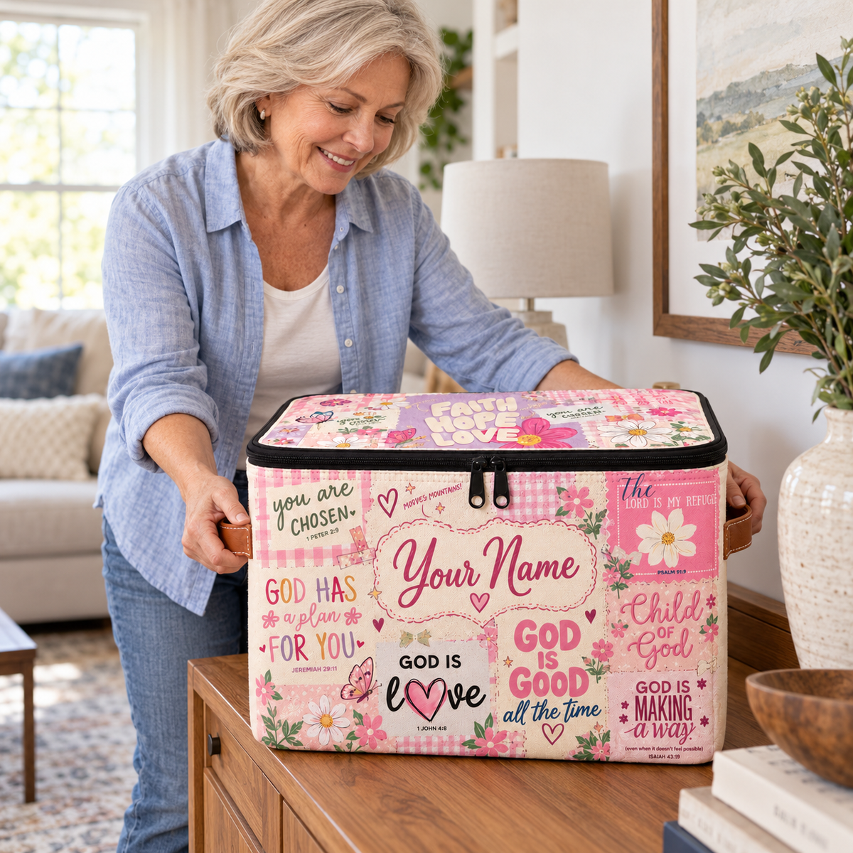 Personalized Pink Floral Square Storage Basket With Lid