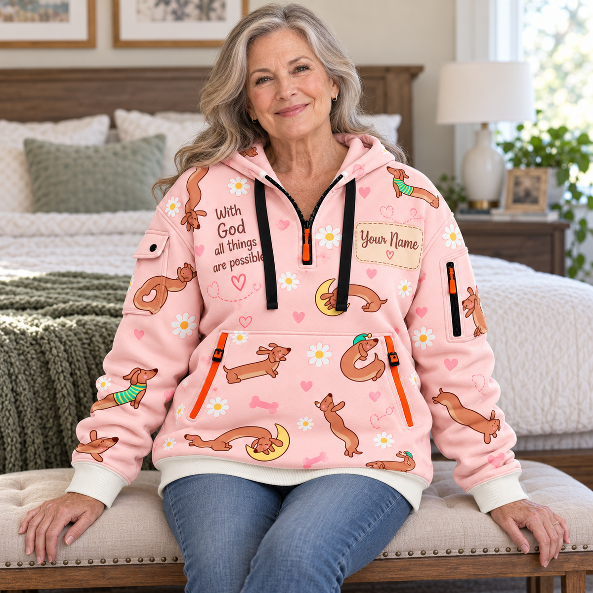 Personalized Pink Dachshund Half-Zip Hoodie