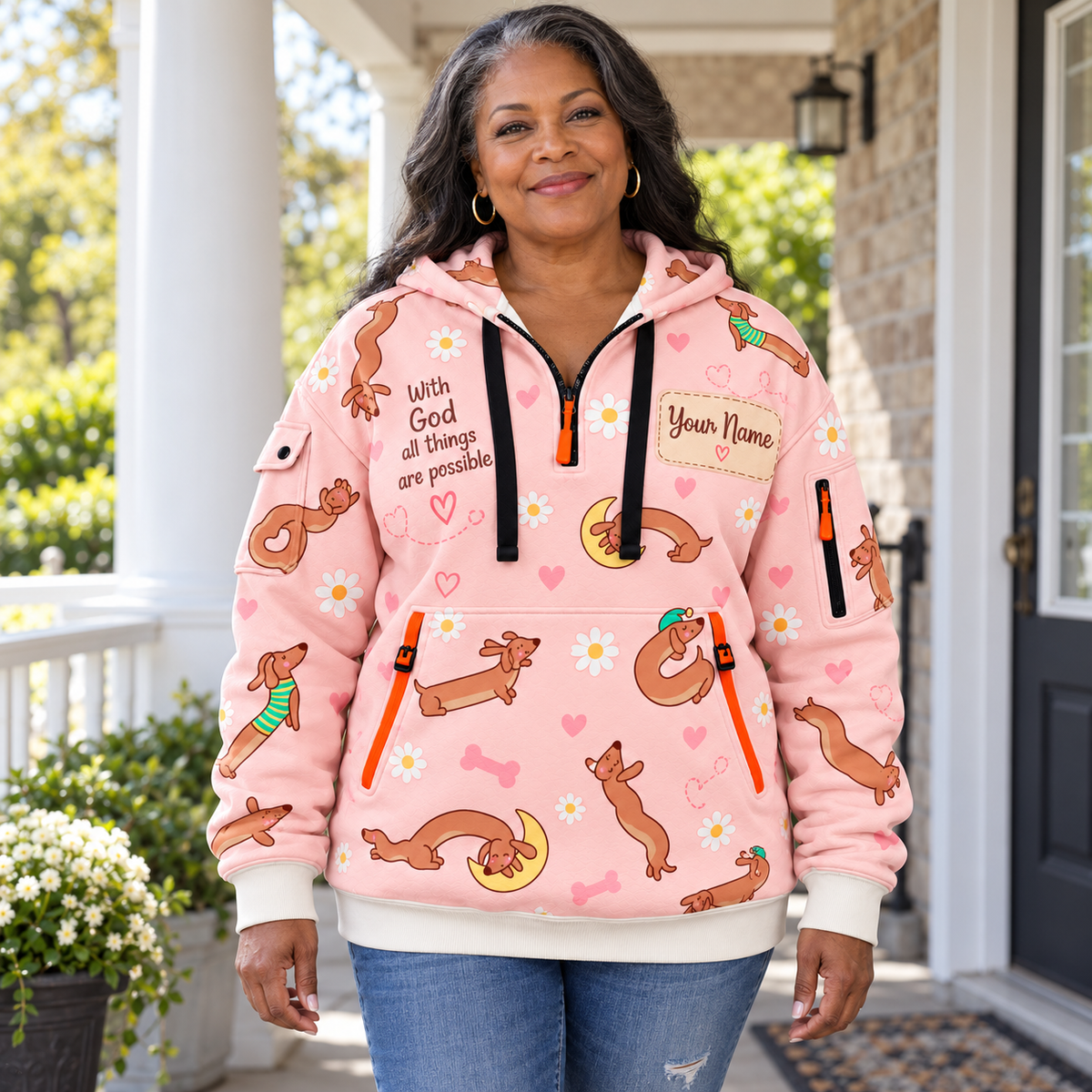 Personalized Pink Dachshund Half-Zip Hoodie