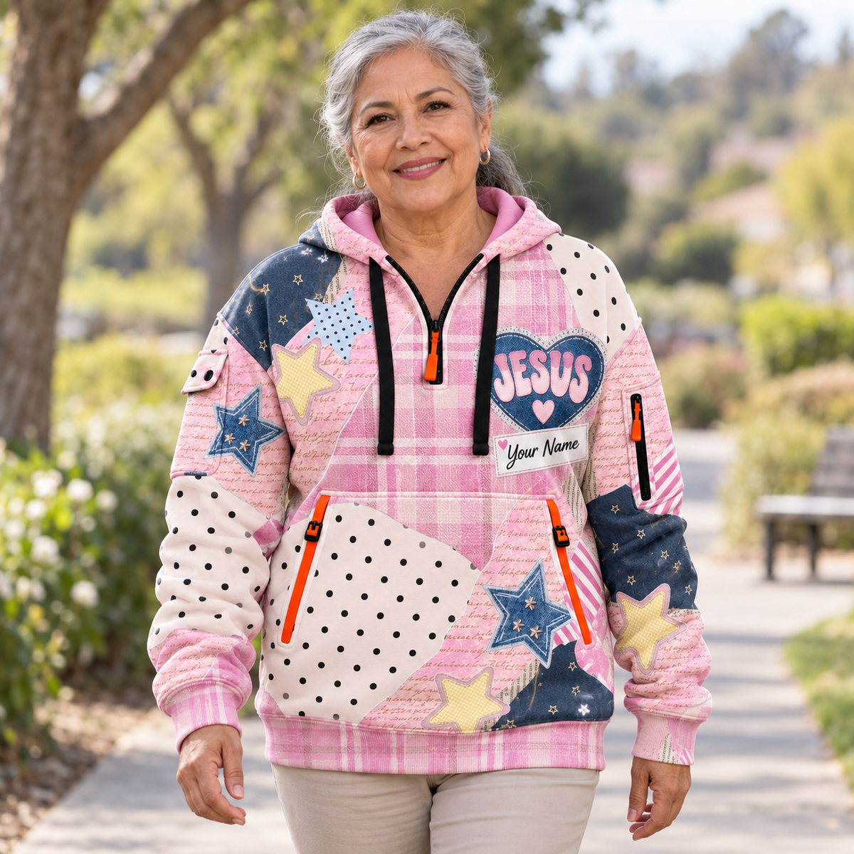Personalized Pink Star Patchwork Half-Zip Hoodie