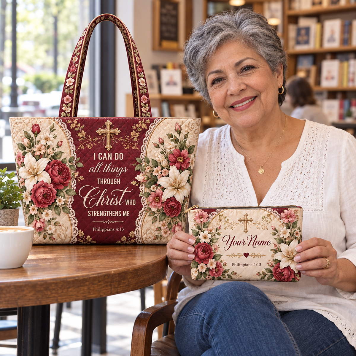 Personalized Burgundy Floral Quilted Shoulder Bag & Storage Bag