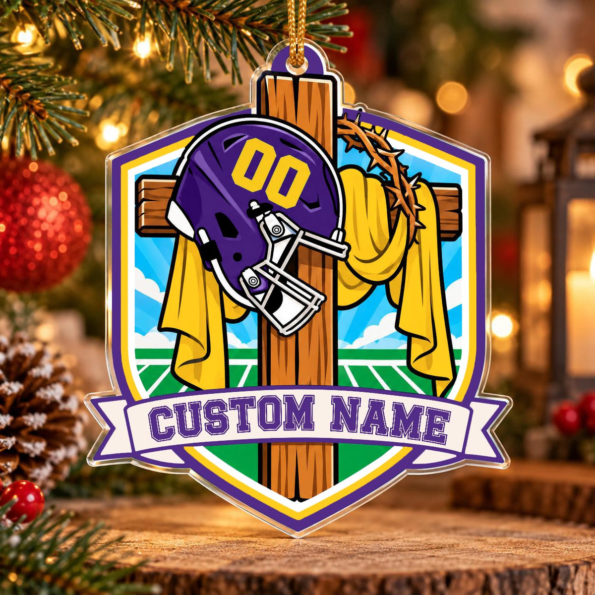 Personalized Purple and Gold Football Cross Shield Ornament