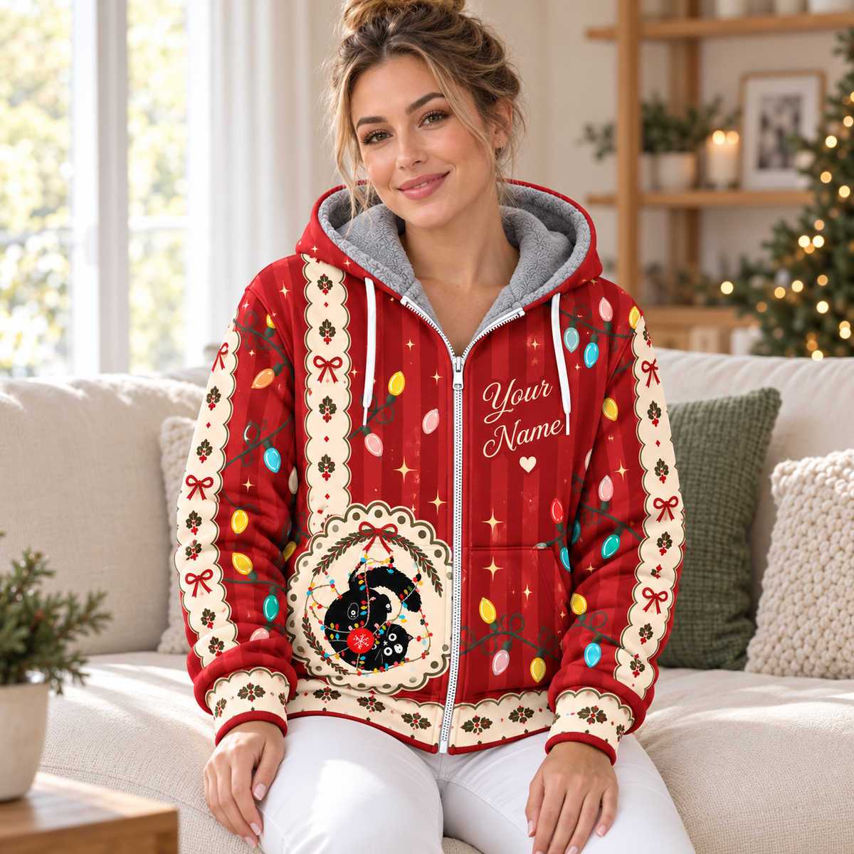 Black Cat Christmas Lace Personalized Fleece Jacket