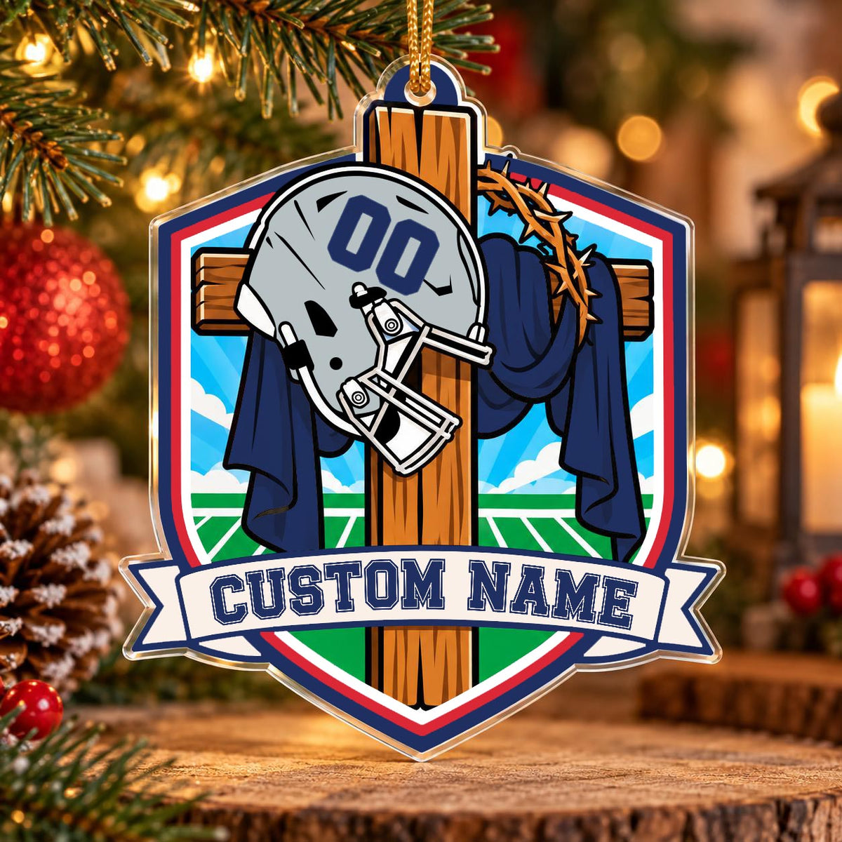 Personalized Navy and Red Football Cross Shield Ornament