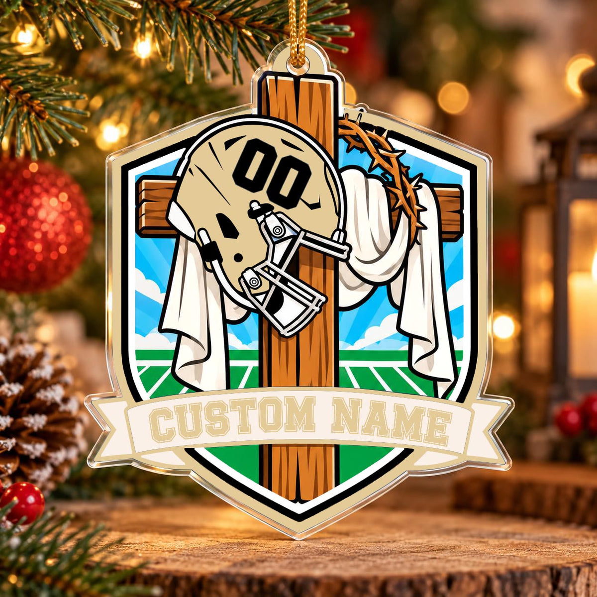 Personalized Black and Gold Football Cross Shield Ornament