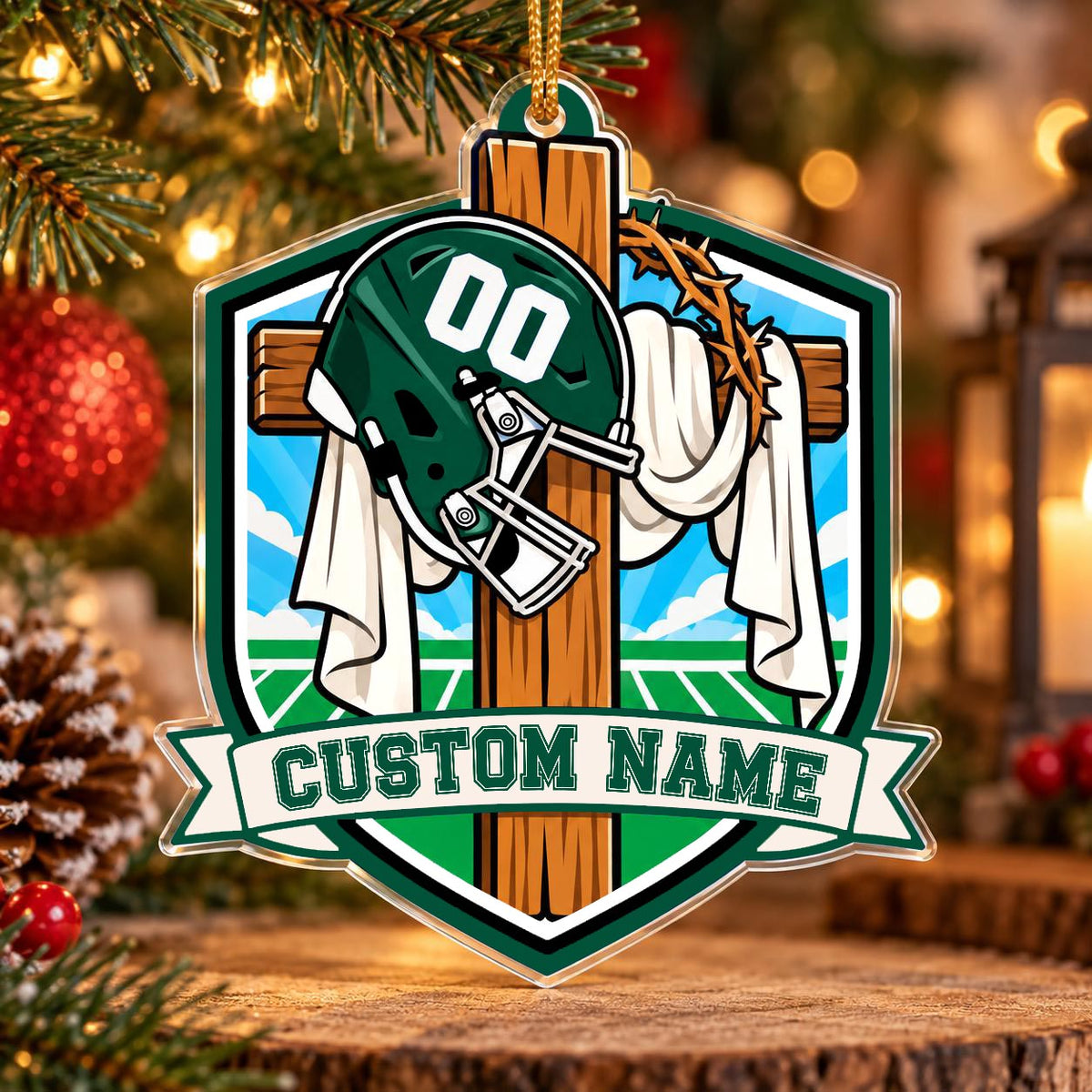 Personalized Green and White Football Cross Shield Ornament
