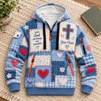 Personalized Blue Heart Patchwork Half-Zip Hoodie