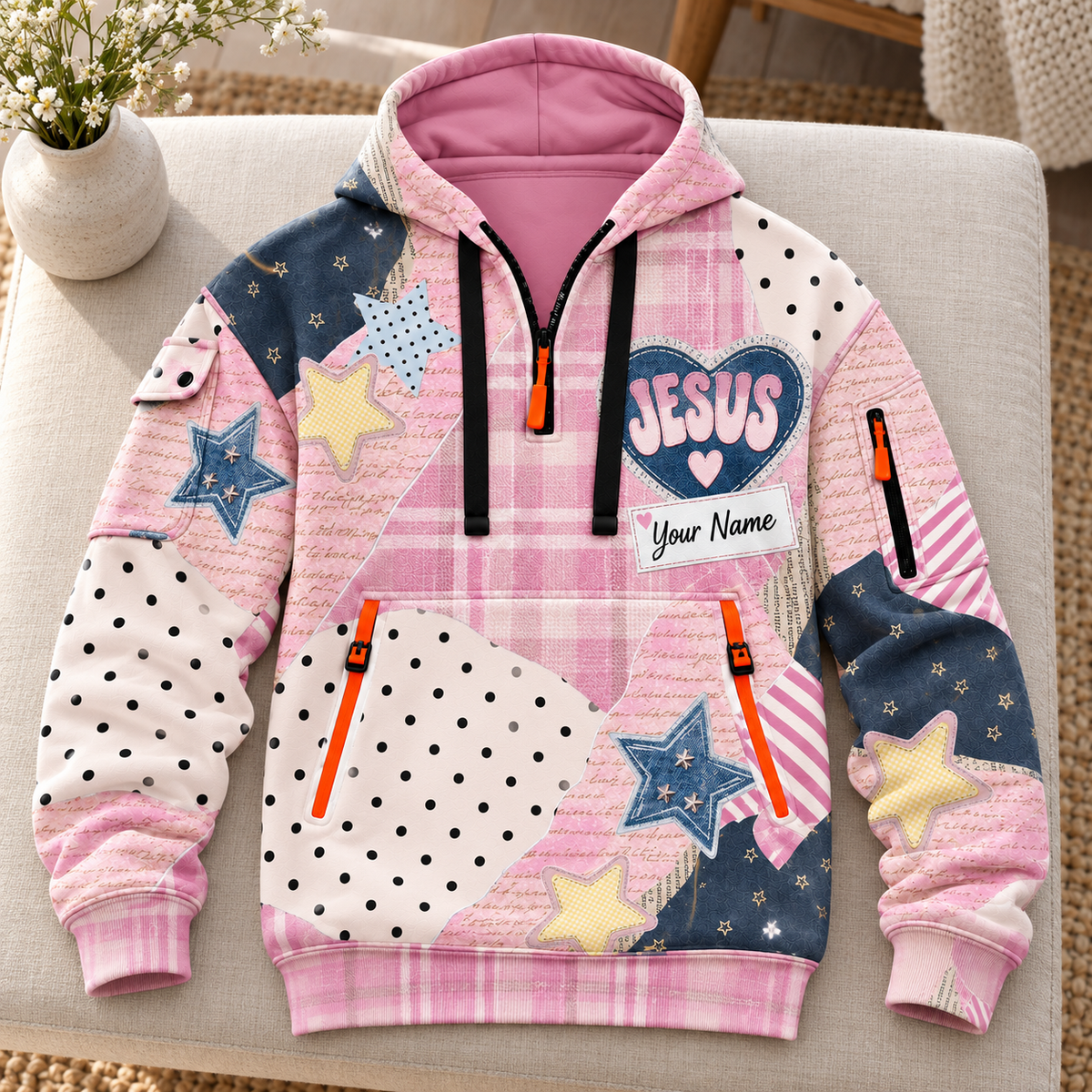Personalized Pink Star Patchwork Half-Zip Hoodie