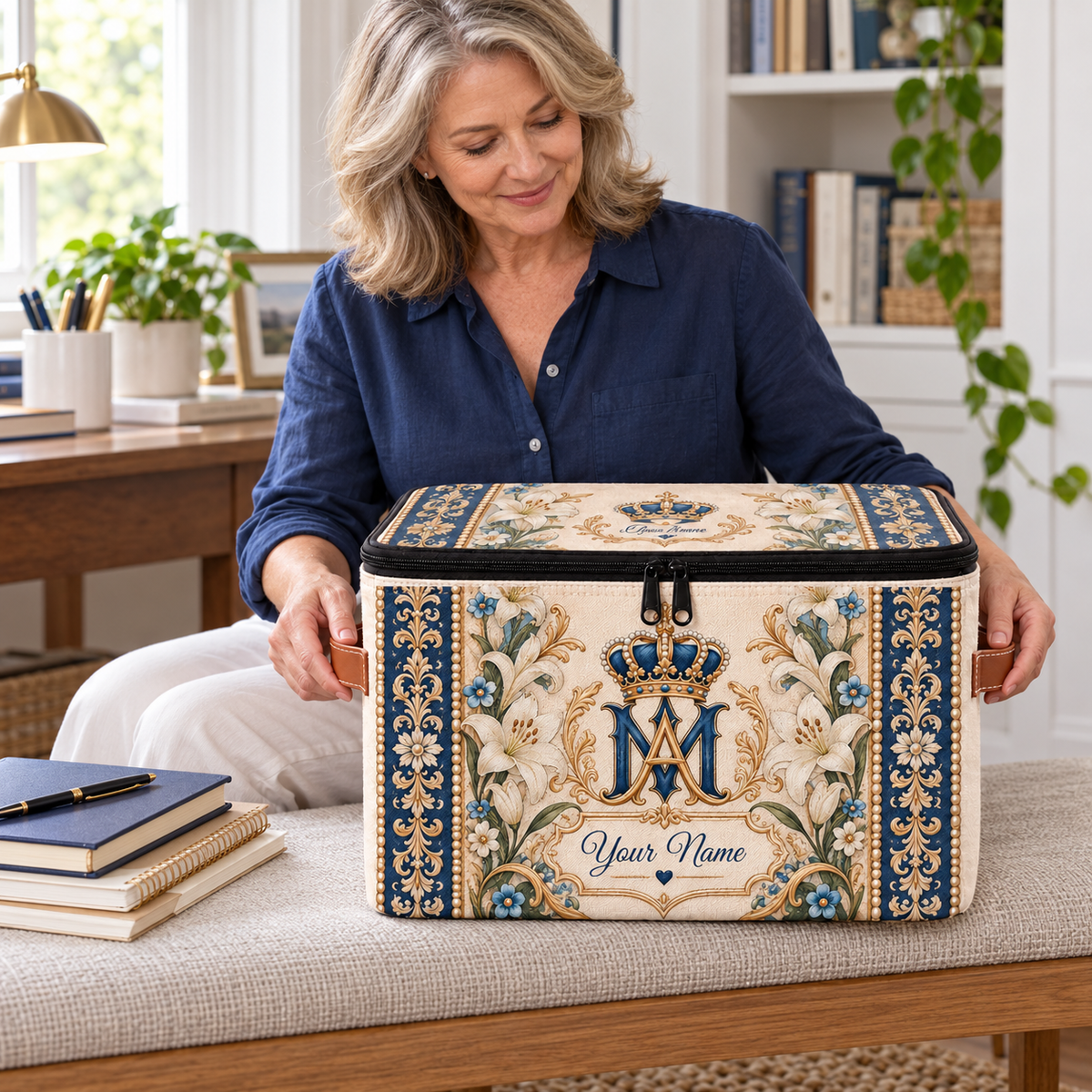 Personalized Royal Blue Lily Square Storage Basket With Lid