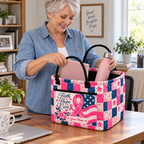 Personalized Pink Ribbon Star Patchwork Quilted Storage Basket
