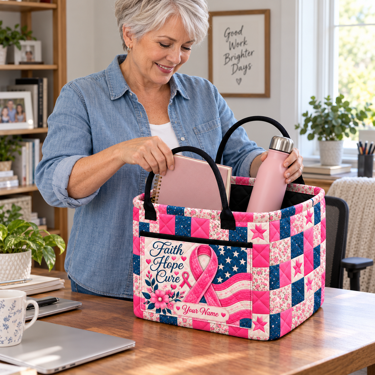 Personalized Pink Ribbon Star Patchwork Quilted Storage Basket
