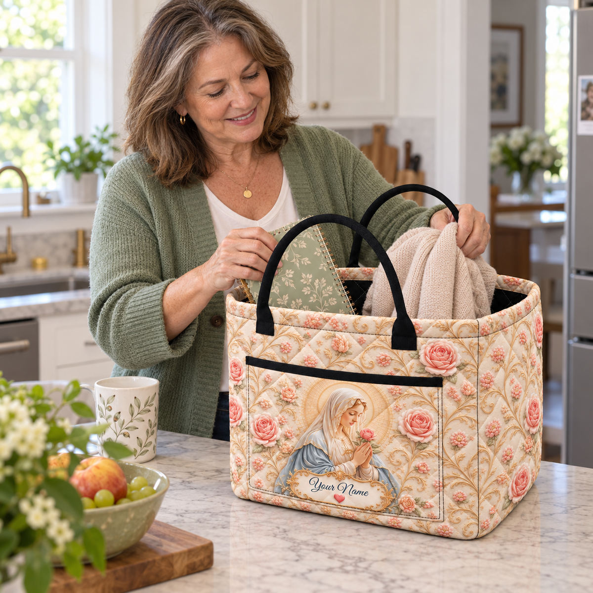 Personalized Blush Rose Vintage Quilted Storage Basket