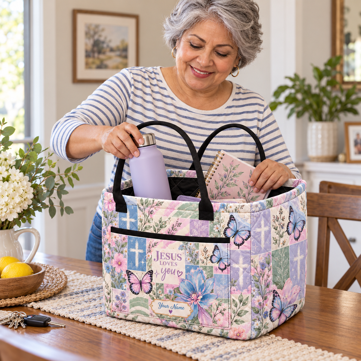 Personalized Pastel Butterfly Patchwork Quilted Storage Basket