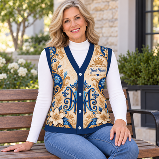 Blue Ornate Floral Personalized Knitted Cardigan Vest