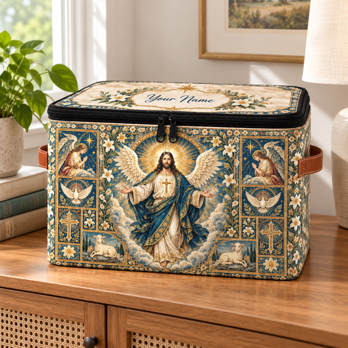 Personalized Navy Gold Floral Square Storage Basket With Lid