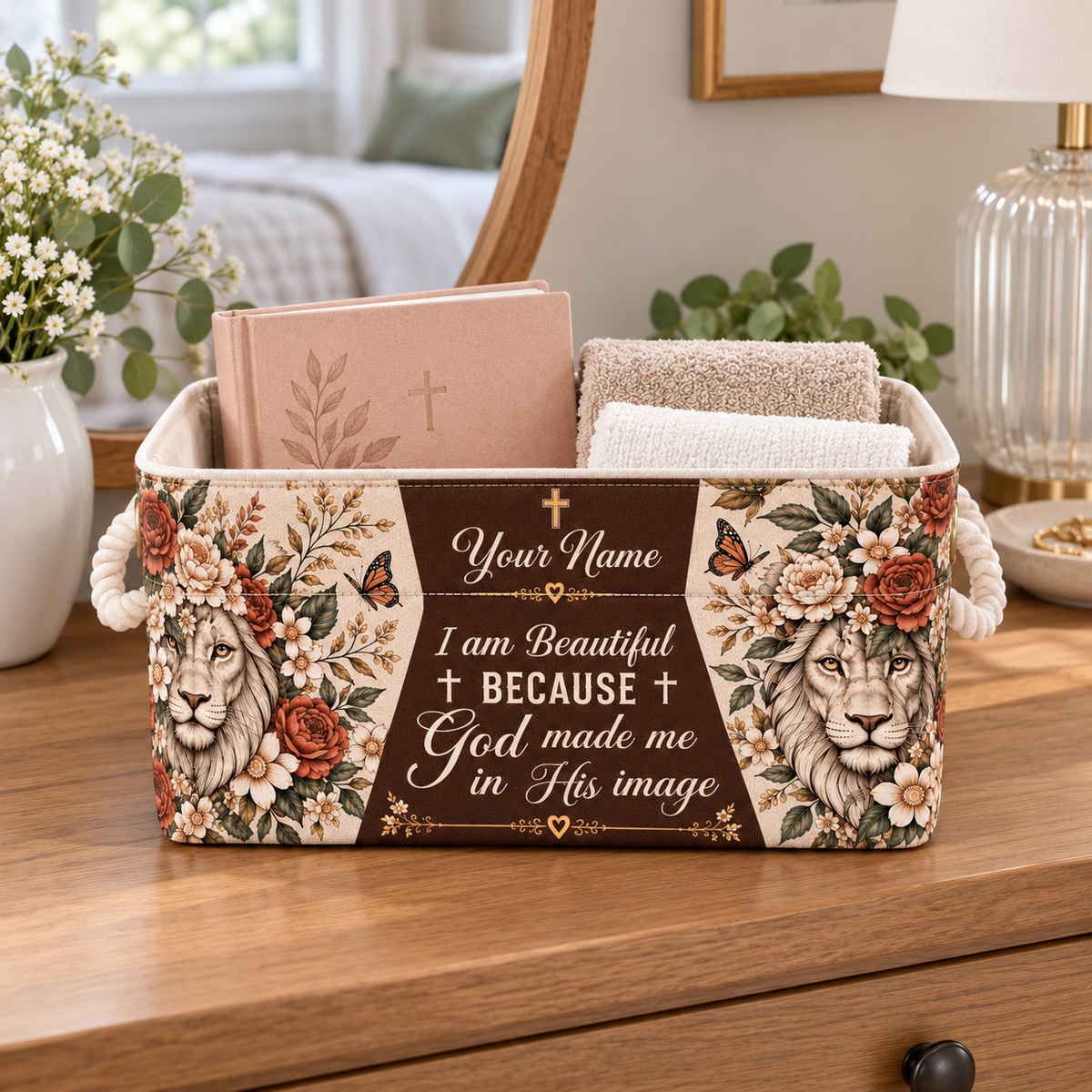 Personalized Floral Lion Storage Basket