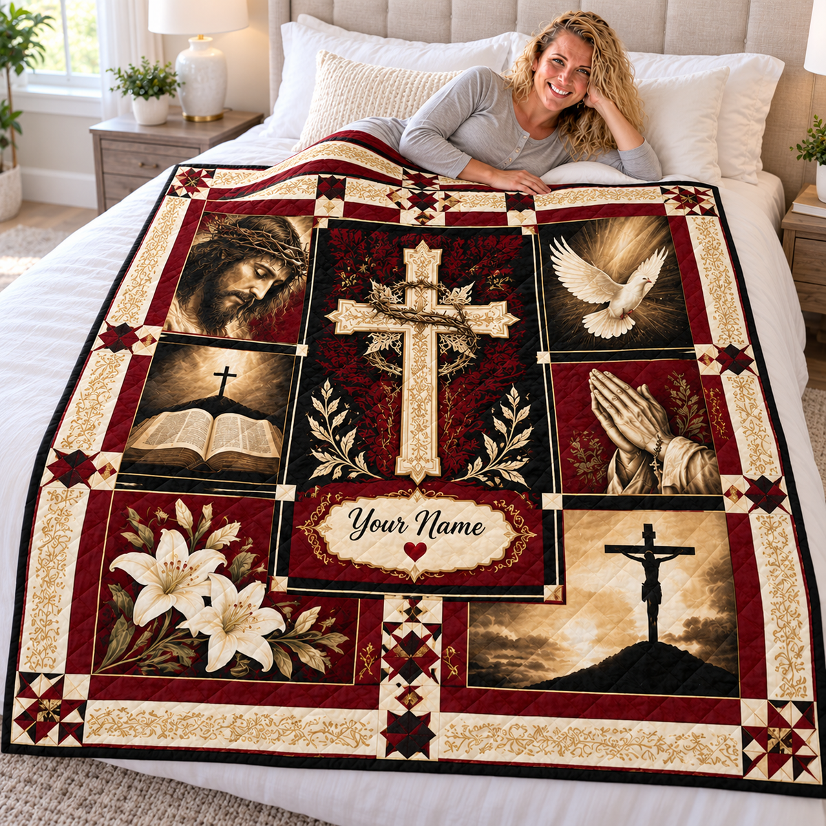 Personalized Burgundy Dove and Lilies Quilt