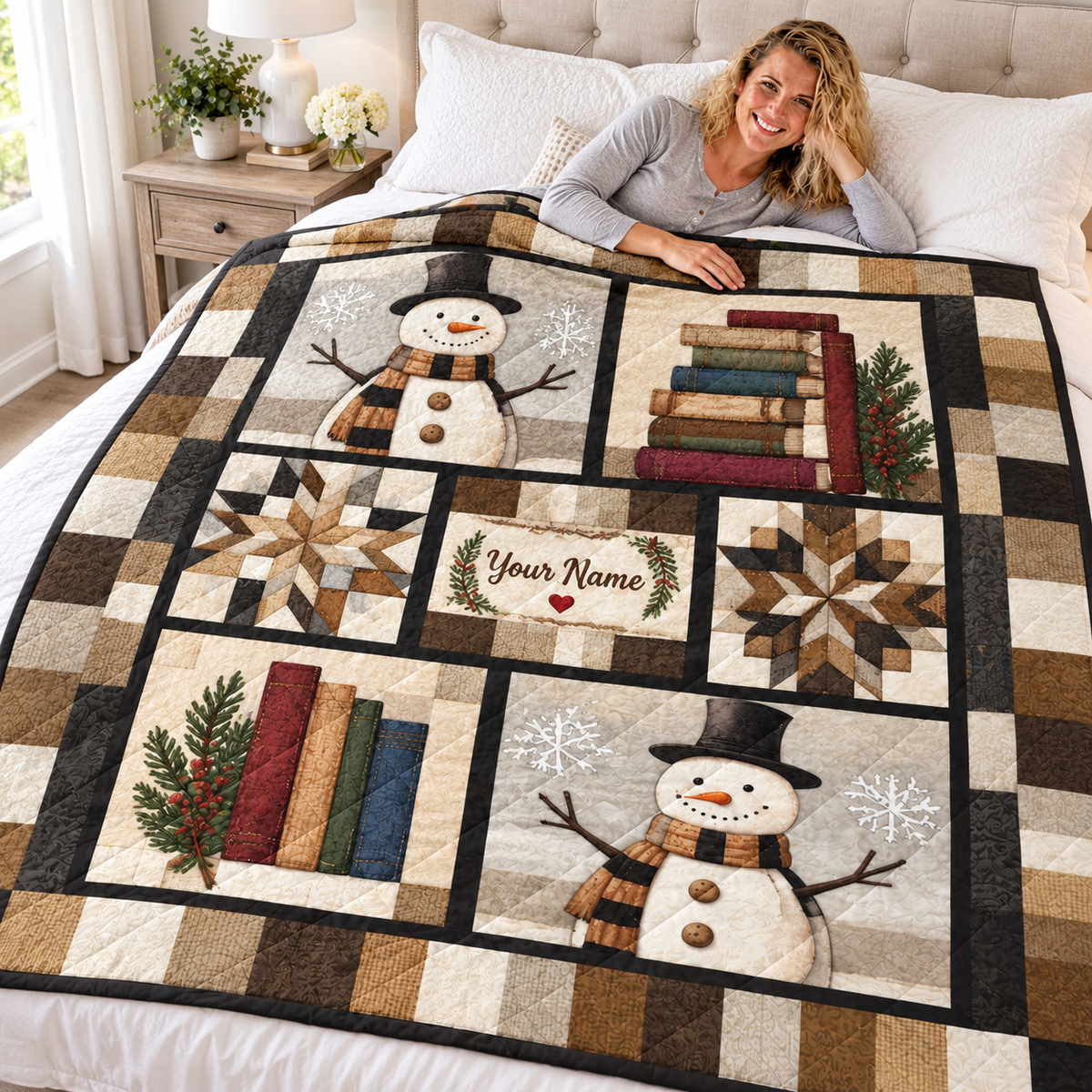 Personalized Snowmen and Books Quilt