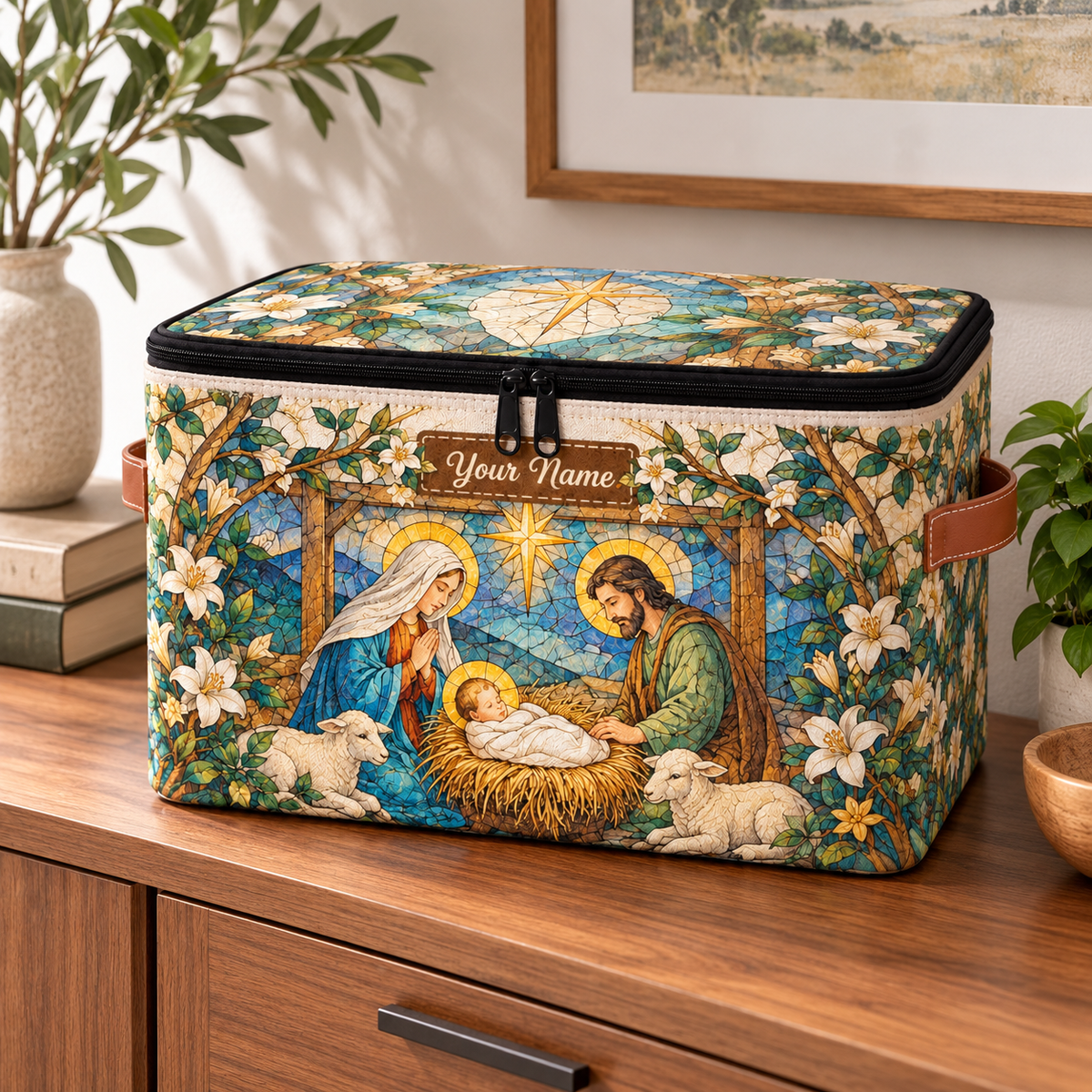 Personalized Stained Glass Floral Square Storage Basket With Lid