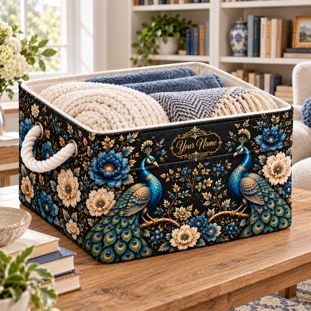 Personalized Blue Peacock Floral Storage Basket