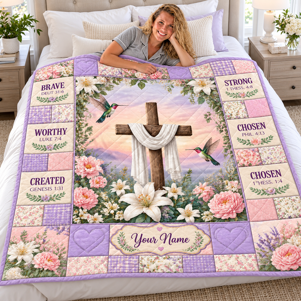 Personalized Lavender Hummingbird Floral Quilt