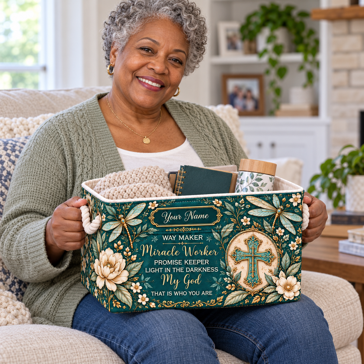 Personalized Teal Dragonfly Floral Storage Basket